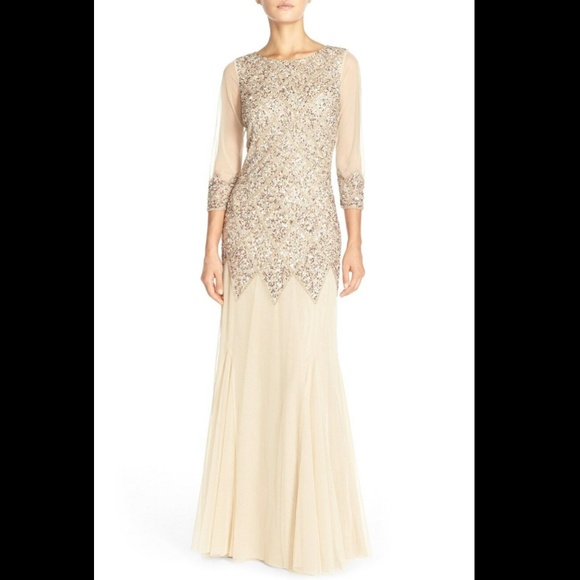 NWT JS Collections [ 4 ] Long Sleeve Embellished Tulle‎ Gown Champagne - Picture 2 of 12